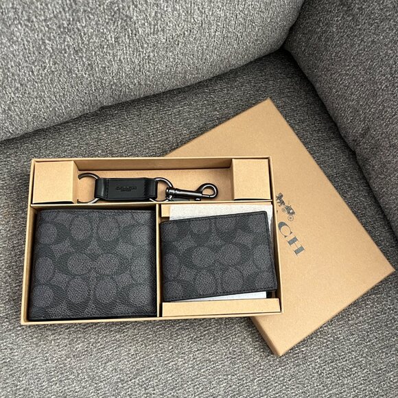 NWT COACH Men's Black 3 Piece Canvas Calf Leather Wallet Set in Gift Box CW344 - Picture 1 of 7